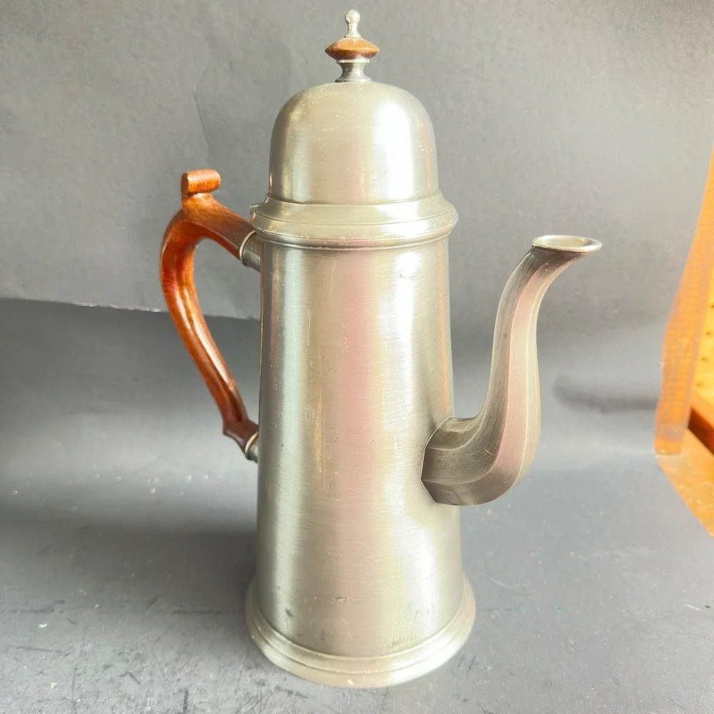 John Somers Pewter Coffee Pot Vintage Silver Wood Handle Brazil JS MG Hallmarks
